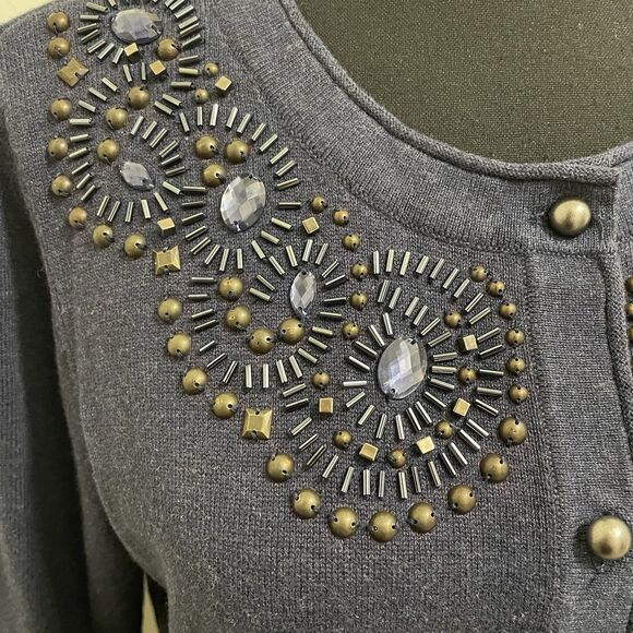 Christopher & Banks Button Up Knit Cardigan 3/4‎ Sleeve Beads Embellished Large - Picture 3 of 9